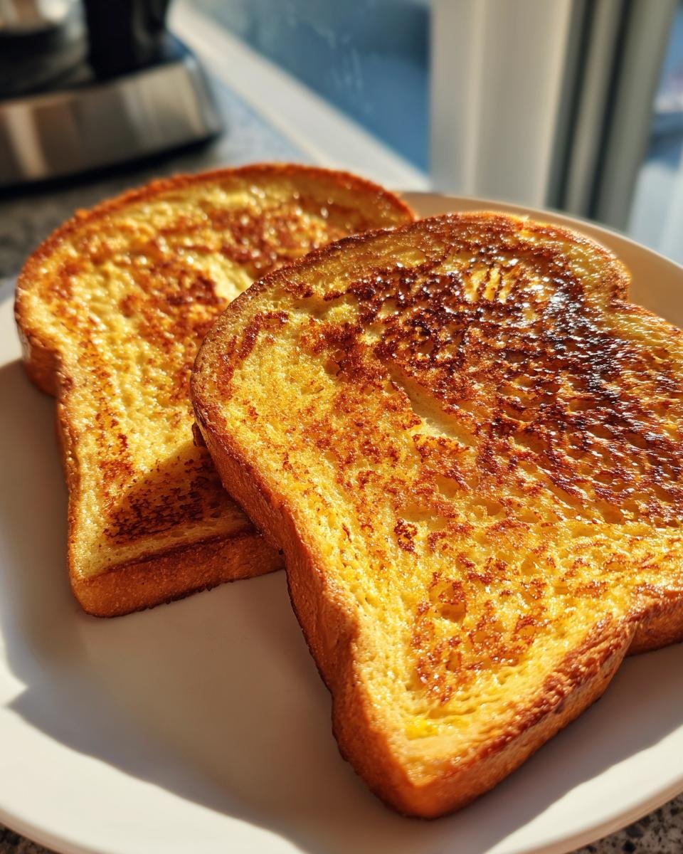 Two golden slices of 40 g Protein French toast on a white plate, illuminated by natural sunlight.