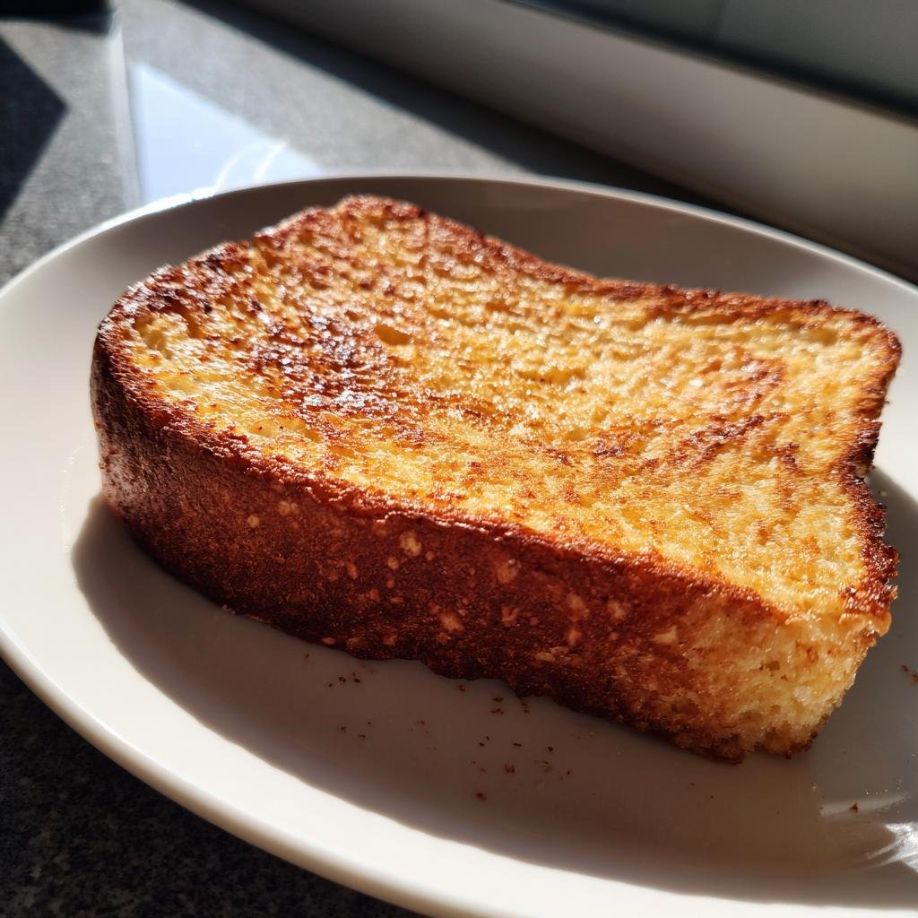 Single slice of golden brown 40 g Protein French toast on a white plate, lit by sunlight.