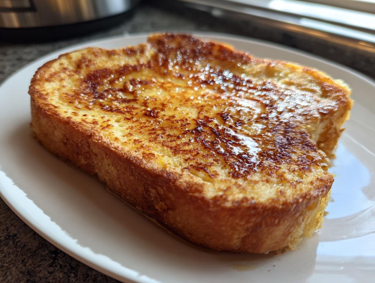 A single slice of golden brown 40 g Protein French toast, drizzled with syrup, sits on a white plate.