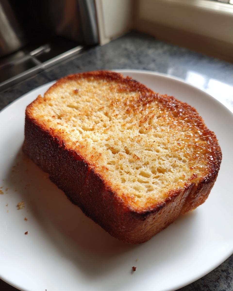 Single slice of golden brown 40 g Protein French toast on a white plate, ready to eat.
