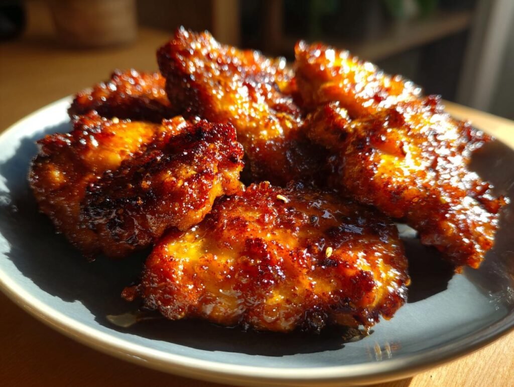 Close-up of delicious Air Fryer Teriyaki Chicken pieces on a gray plate, glistening with sauce.