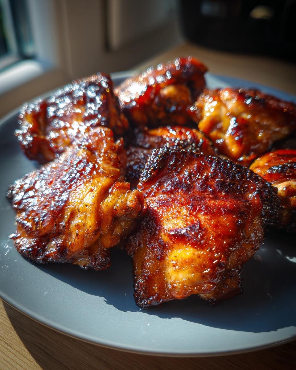 Close-up of glazed Air Fryer Teriyaki Chicken pieces on a gray plate, showing the crispy, caramelized texture.