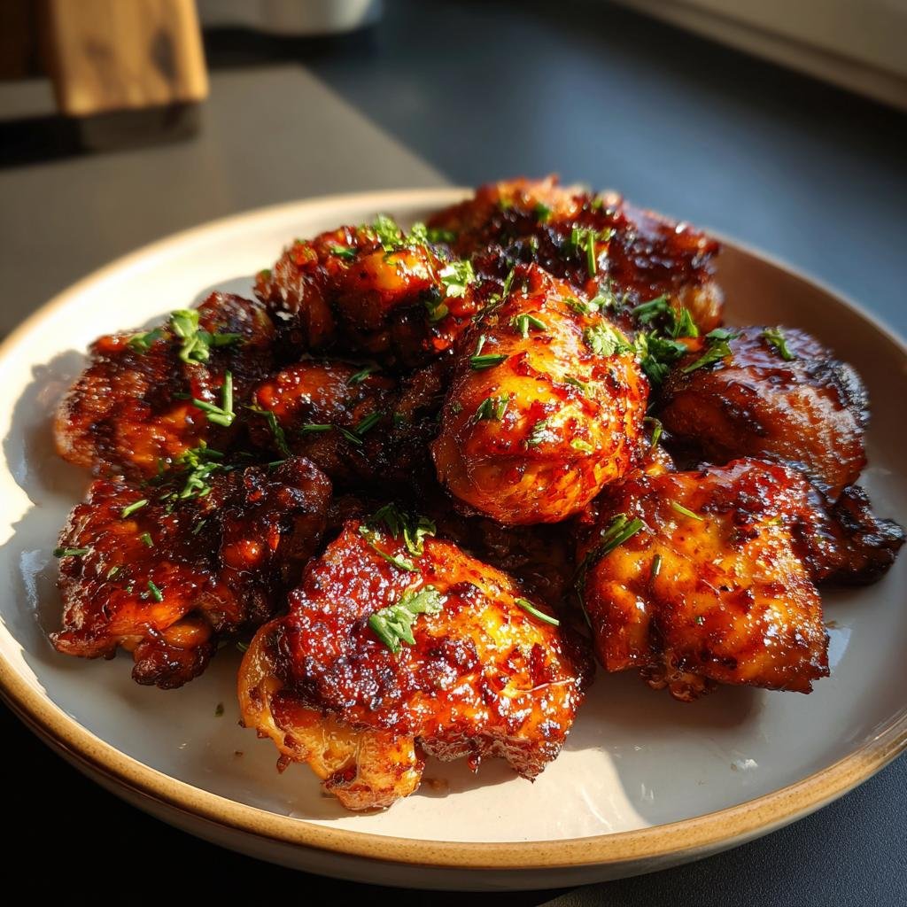 A plate of glistening Air Fryer Teriyaki Chicken pieces, garnished with fresh herbs.