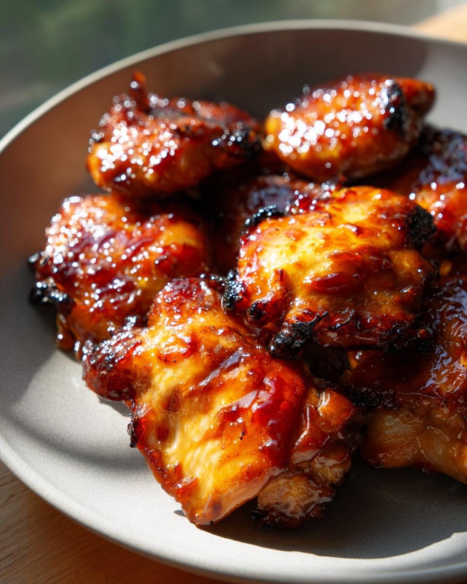 Close-up of glistening Air Fryer Teriyaki Chicken pieces on a gray plate, ready to eat.