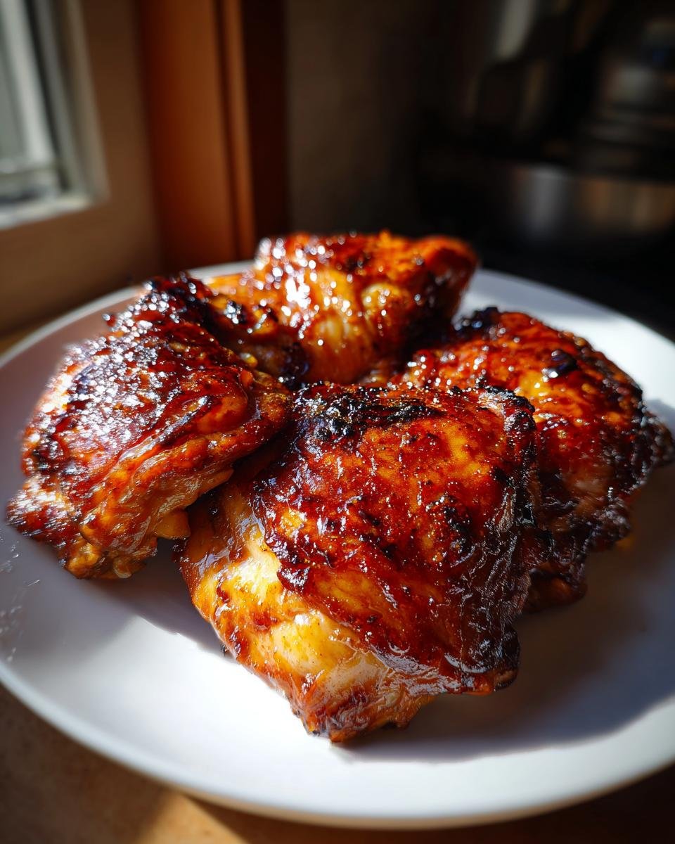 Close-up of juicy Air Fryer Teriyaki Chicken thighs on a white plate, glistening with sauce.