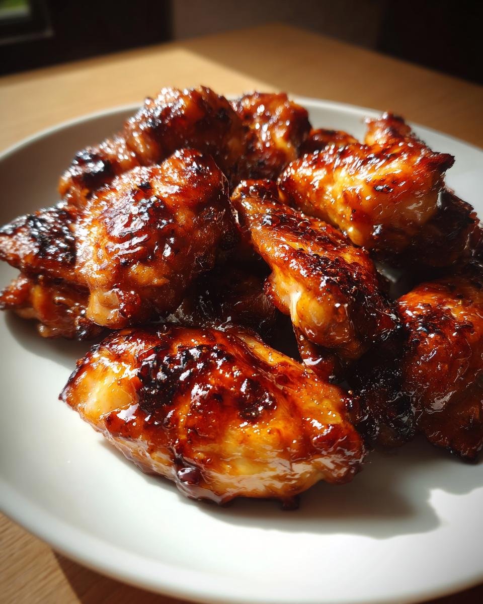 A plate of glistening Air Fryer Teriyaki Chicken wings, cooked to perfection and coated in a rich, flavorful sauce.