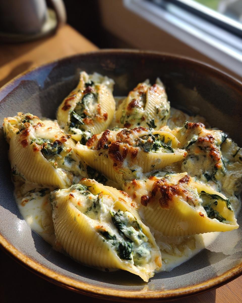 Close-up of Alfredo Stuffed Shells in a bowl, filled with spinach and cheese, covered in creamy Alfredo sauce.