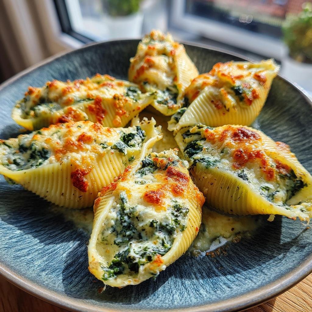 A plate of Alfredo Stuffed Shells filled with spinach and cheese, baked to golden perfection.