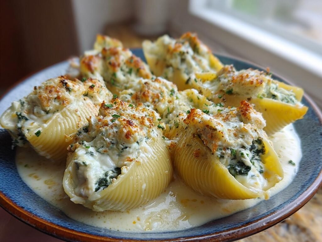 Close-up of Alfredo Stuffed Shells filled with spinach and ricotta, served on a blue plate with creamy Alfredo sauce.