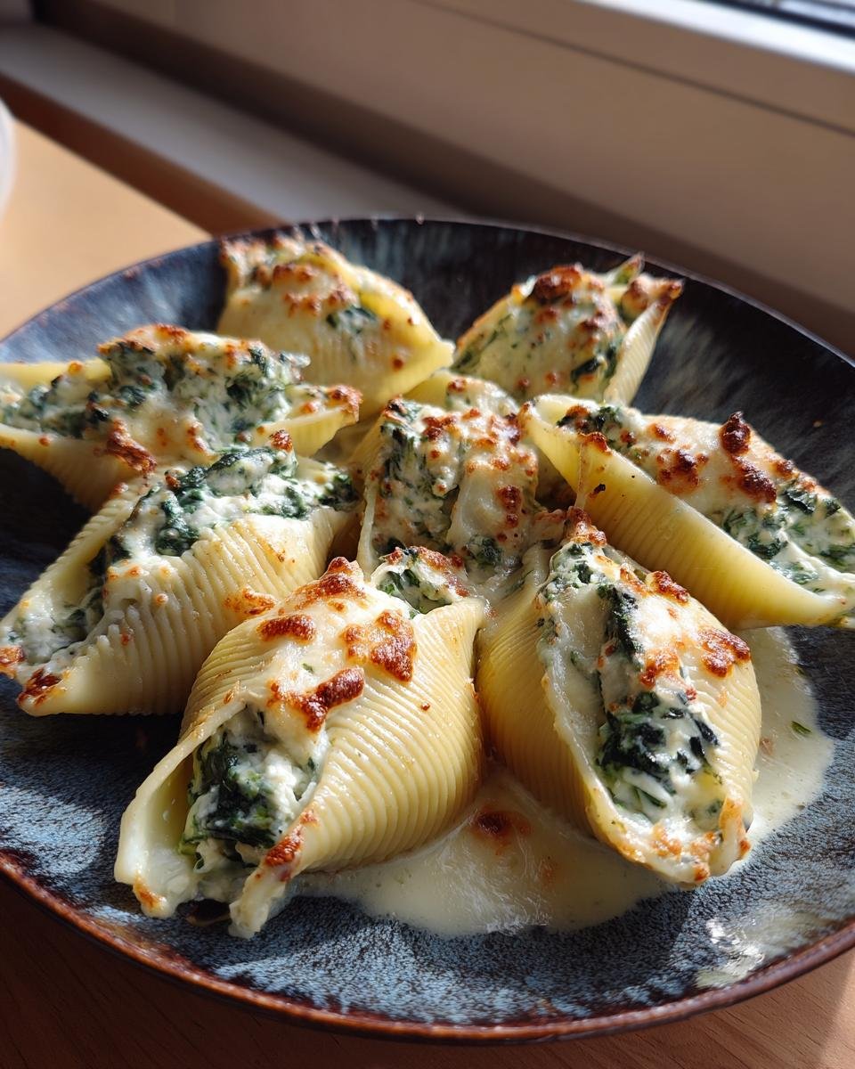 Plate of Alfredo Stuffed Shells filled with spinach and cheese, topped with melted cheese and Alfredo sauce.