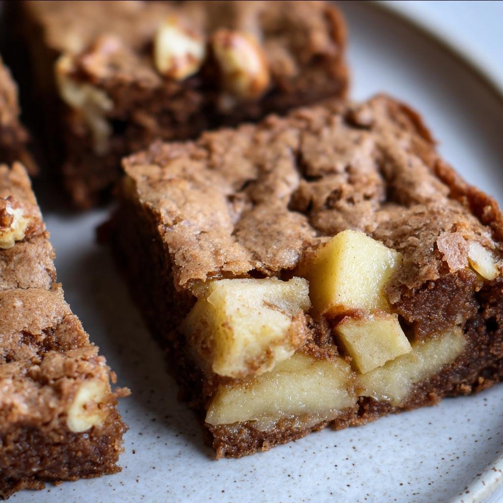 Close-up of homemade Apple Brownies with visible apple chunks on a speckled plate.