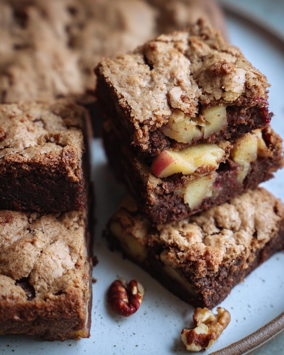 A stack of homemade Apple Brownies showing layers of brownie, apples, and a crumbly topping, with walnuts nearby.