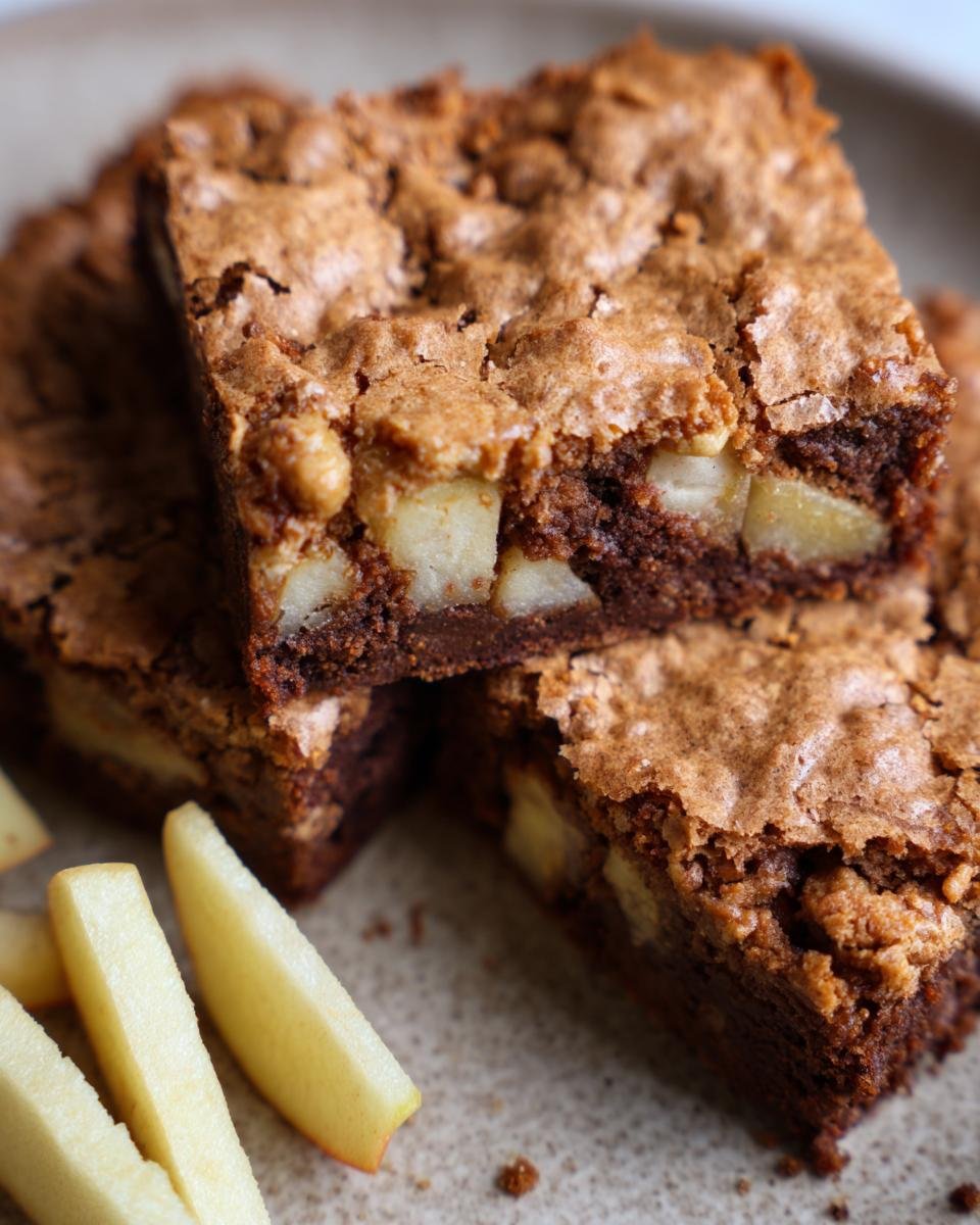 A stack of homemade apple brownies with chunks of apple visible, alongside sliced apples on a plate.