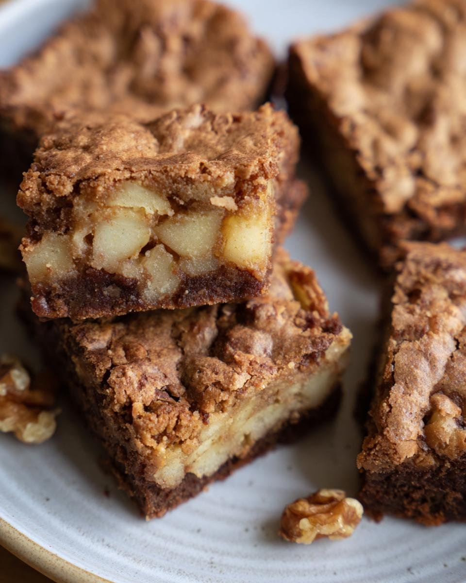 Close-up of stacked apple brownies showing the apple filling and brownie base, garnished with walnuts.
