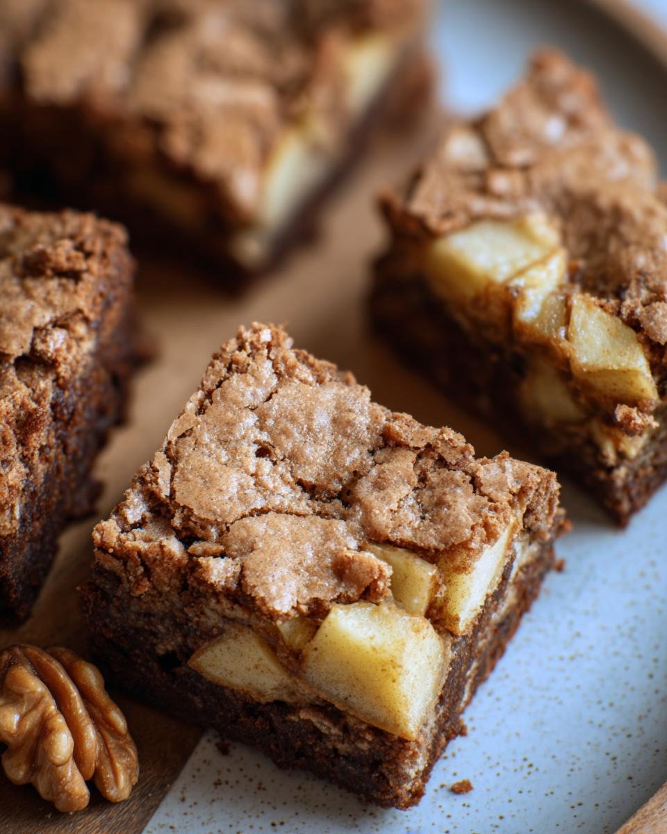 Close-up of homemade Apple Brownies with visible apple chunks and a walnut on a plate.