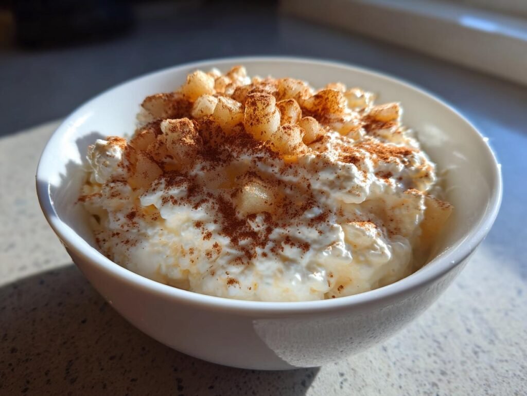 A bowl of Apple Cinnamon Cottage Cheese, topped with diced apples and a sprinkle of cinnamon.