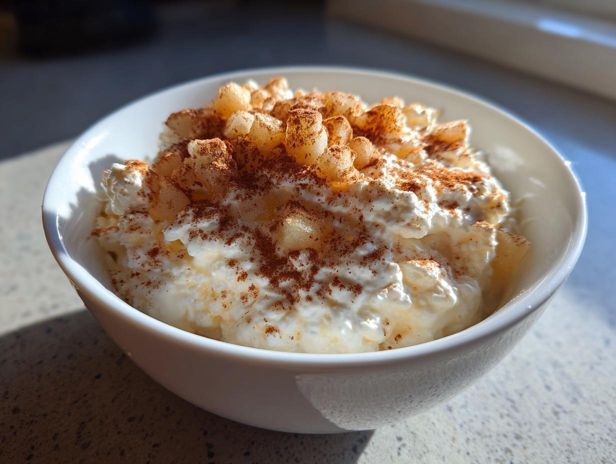 A bowl of Apple Cinnamon Cottage Cheese, topped with diced apples and a sprinkle of cinnamon.