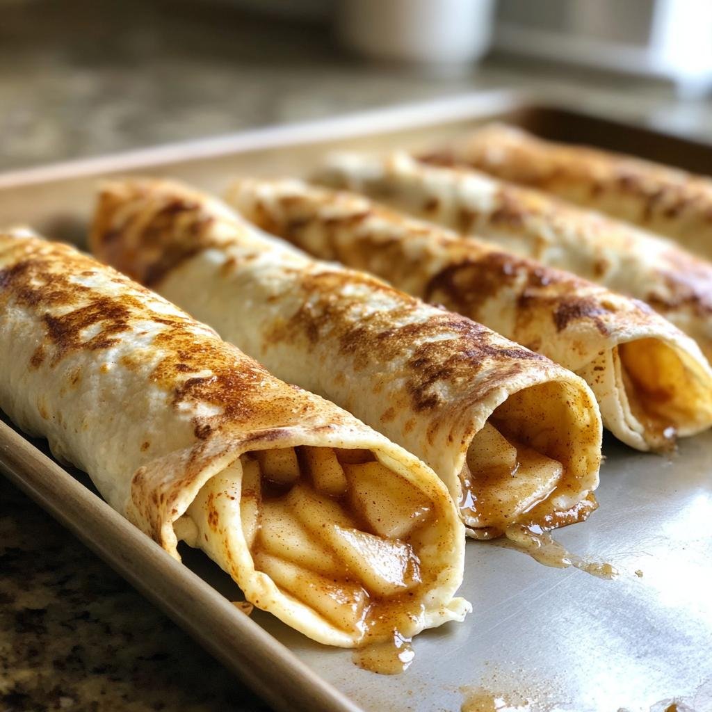 Close-up of Apple Pie with Cinnamon Tortilla rolls on a baking sheet, filled with apple filling.