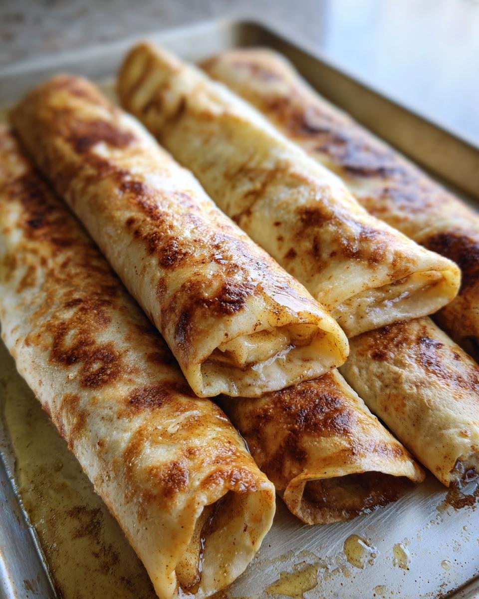 Close-up of golden Apple Pie with Cinnamon Tortilla rolls on a baking sheet, showcasing the apple filling.