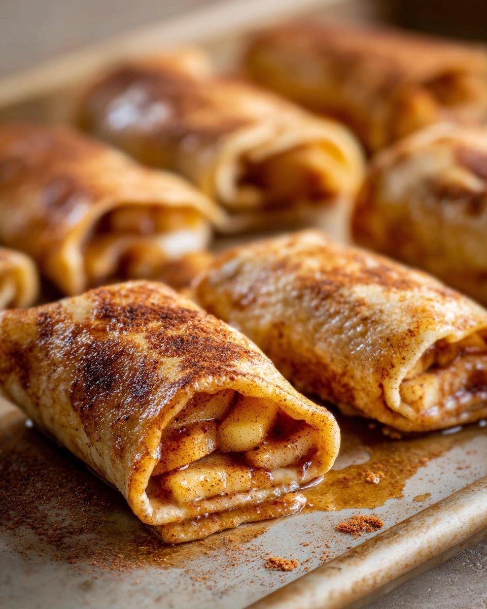 Close-up of baked Apple Pie with Cinnamon Tortilla rolls, showcasing the apple filling and cinnamon topping.