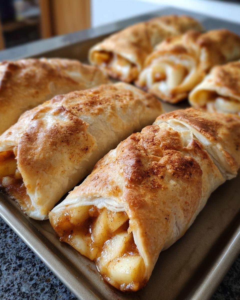 Close-up of freshly baked Apple Pie with Cinnamon Tortilla rolls on a baking sheet, golden brown and filled with apples.