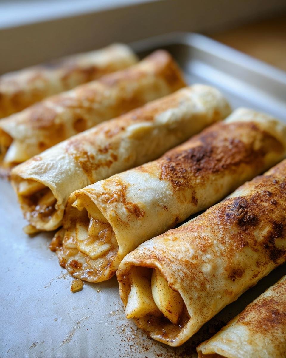 Close-up of Apple Pie with Cinnamon Tortilla rolls on a baking sheet, filled with apple slices.