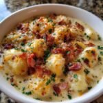 A bowl of creamy Bacon Cheddar Gnocchi Soup, topped with crispy bacon and fresh parsley.