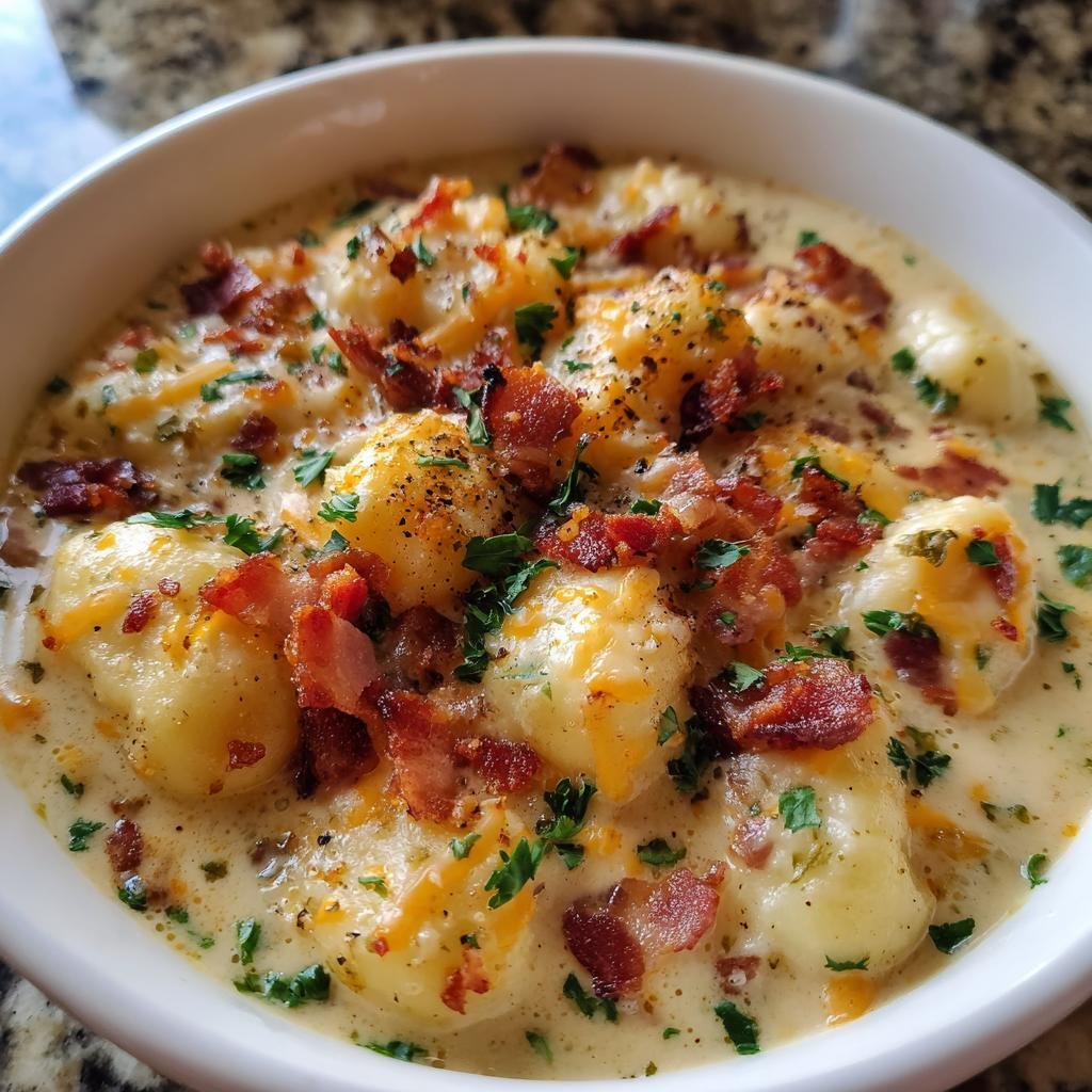 A bowl of creamy Bacon Cheddar Gnocchi Soup, topped with crispy bacon and fresh parsley.