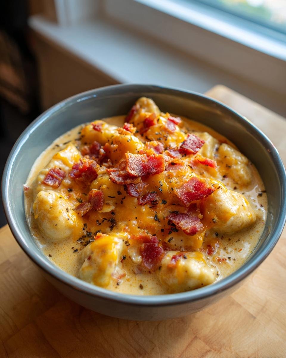 Close-up of a bowl of Bacon Cheddar Gnocchi Soup, topped with crispy bacon and herbs.
