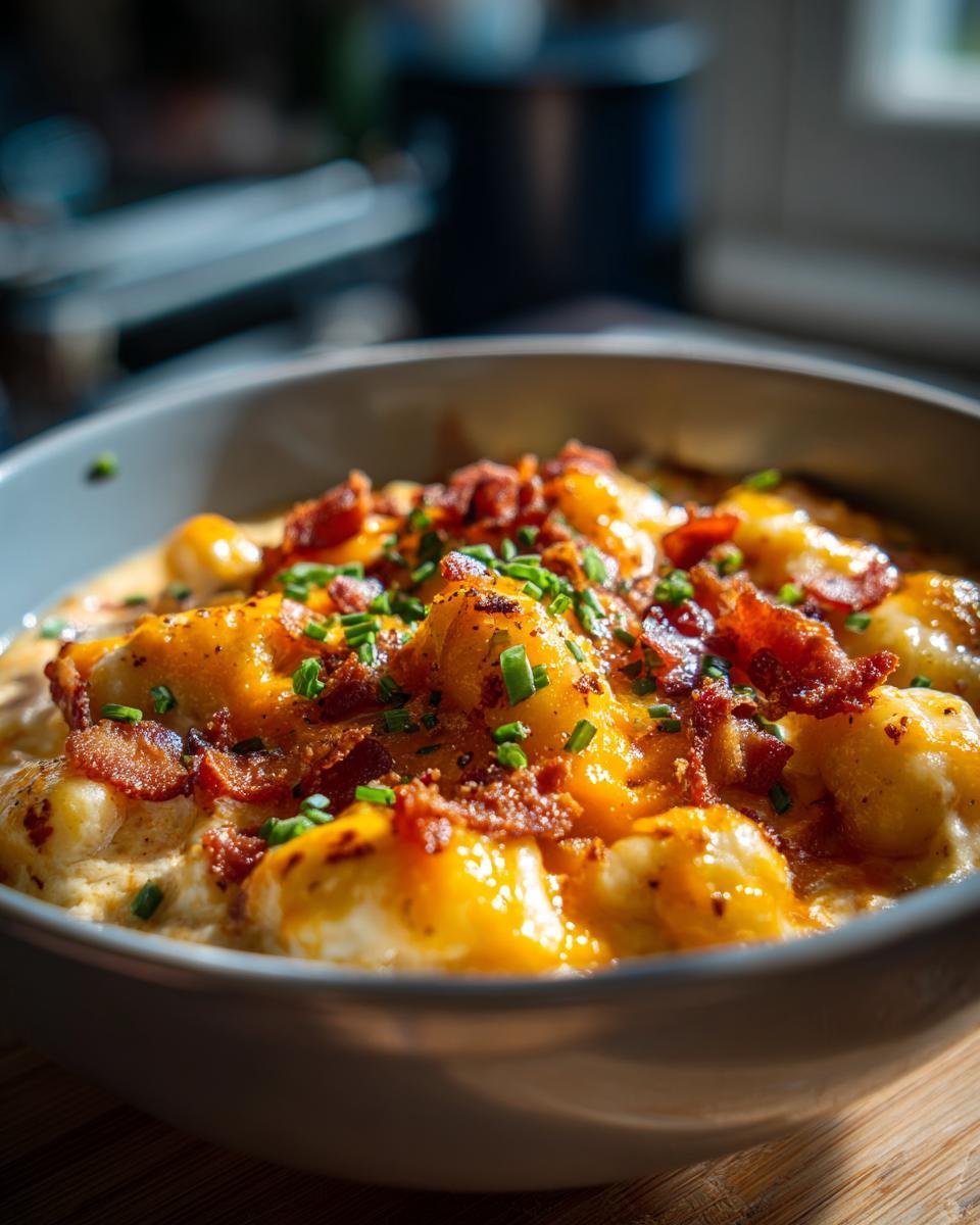 A bowl of creamy Bacon Cheddar Gnocchi Soup topped with crispy bacon and fresh chives.