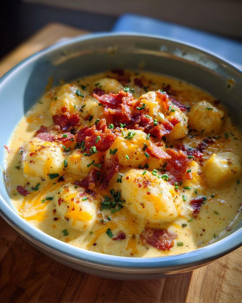 A bowl of creamy Bacon Cheddar Gnocchi Soup topped with crispy bacon and fresh chives.