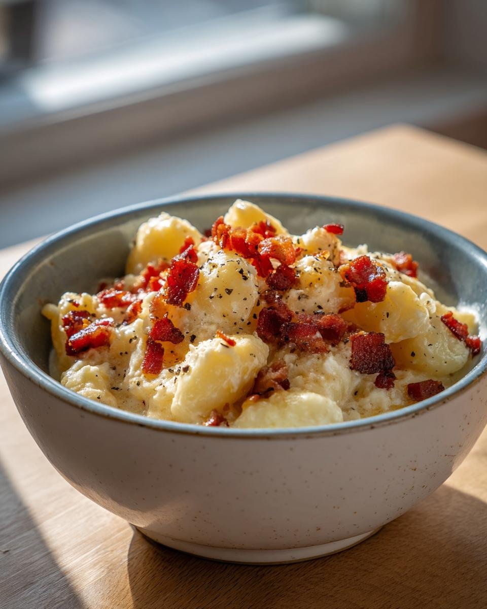 A bowl of creamy Bacon Cheddar Gnocchi Soup, topped with crispy bacon pieces and pepper.