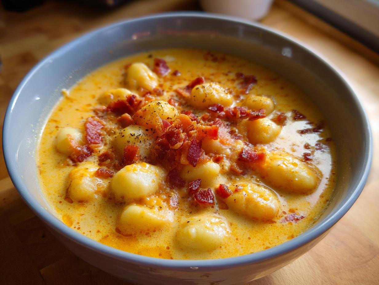 A bowl of creamy Bacon Cheddar Gnocchi Soup, topped with crispy bacon pieces and a sprinkle of pepper.