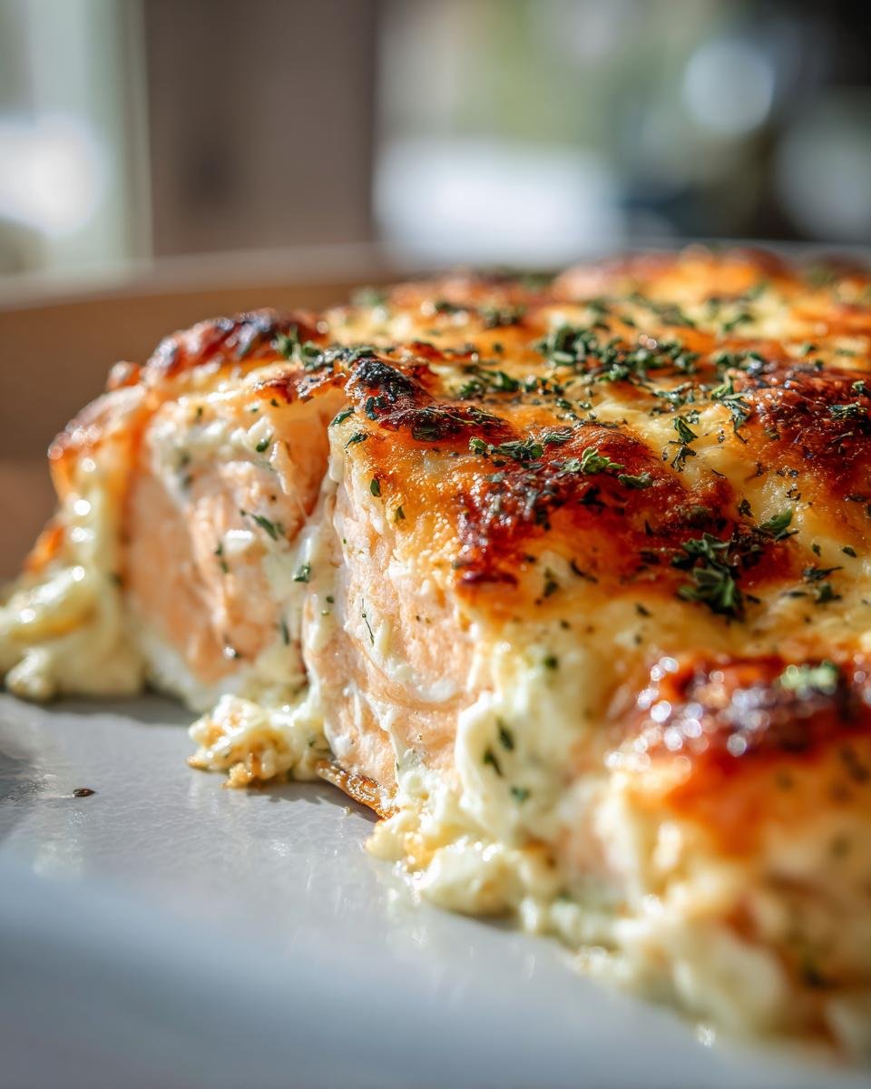 A close-up of Baked Boursin Salmon, showcasing the creamy cheese topping and flaky salmon.