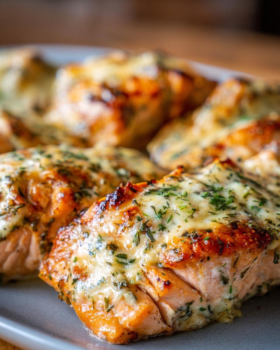 Close-up of Baked Boursin Salmon fillets, topped with creamy cheese and fresh herbs on a gray plate.