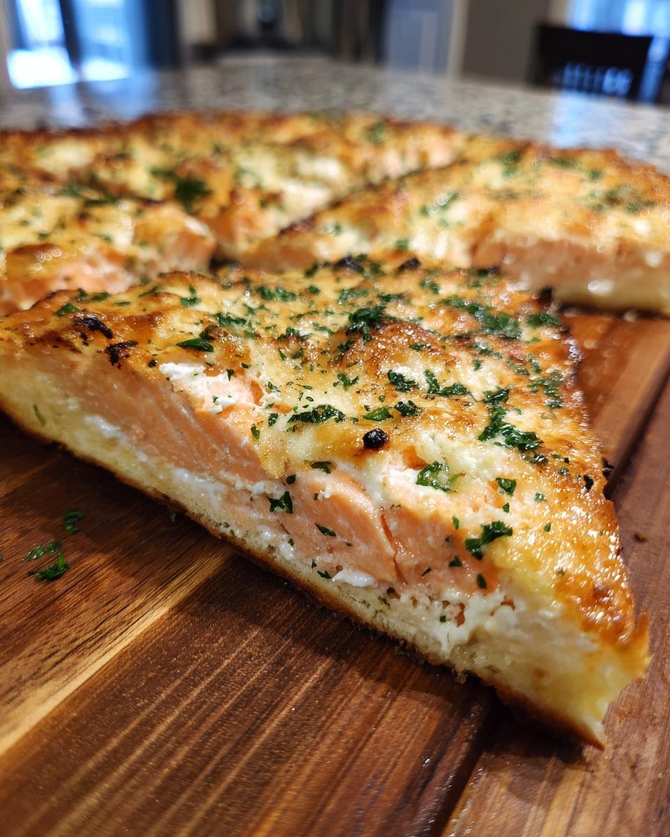 Close-up of a slice of Baked Boursin Salmon, garnished with fresh herbs, on a wooden board.