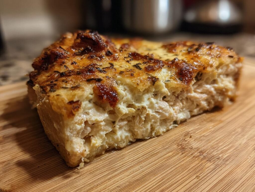 A slice of creamy Baked Boursin Salmon on a wooden cutting board, showcasing the flaky salmon and cheesy topping.