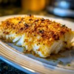 Close-up of Baked Cod in Coconut Lemon, showing the crispy coconut topping and flaky white fish.