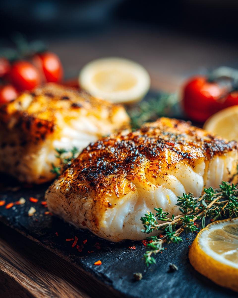 Two pieces of Baked Cod in Coconut Lemon, garnished with thyme, lemon slices, and tomatoes.