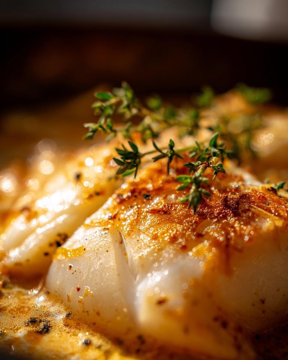 A close-up of Baked Cod in Coconut Lemon sauce, garnished with fresh herbs.