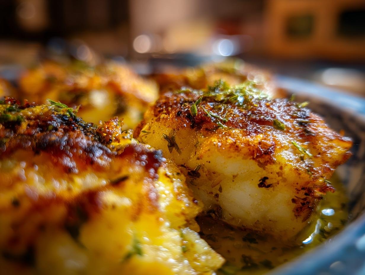 A close-up of Baked Cod in Coconut Lemon, showcasing its golden crust and fresh herb garnish.