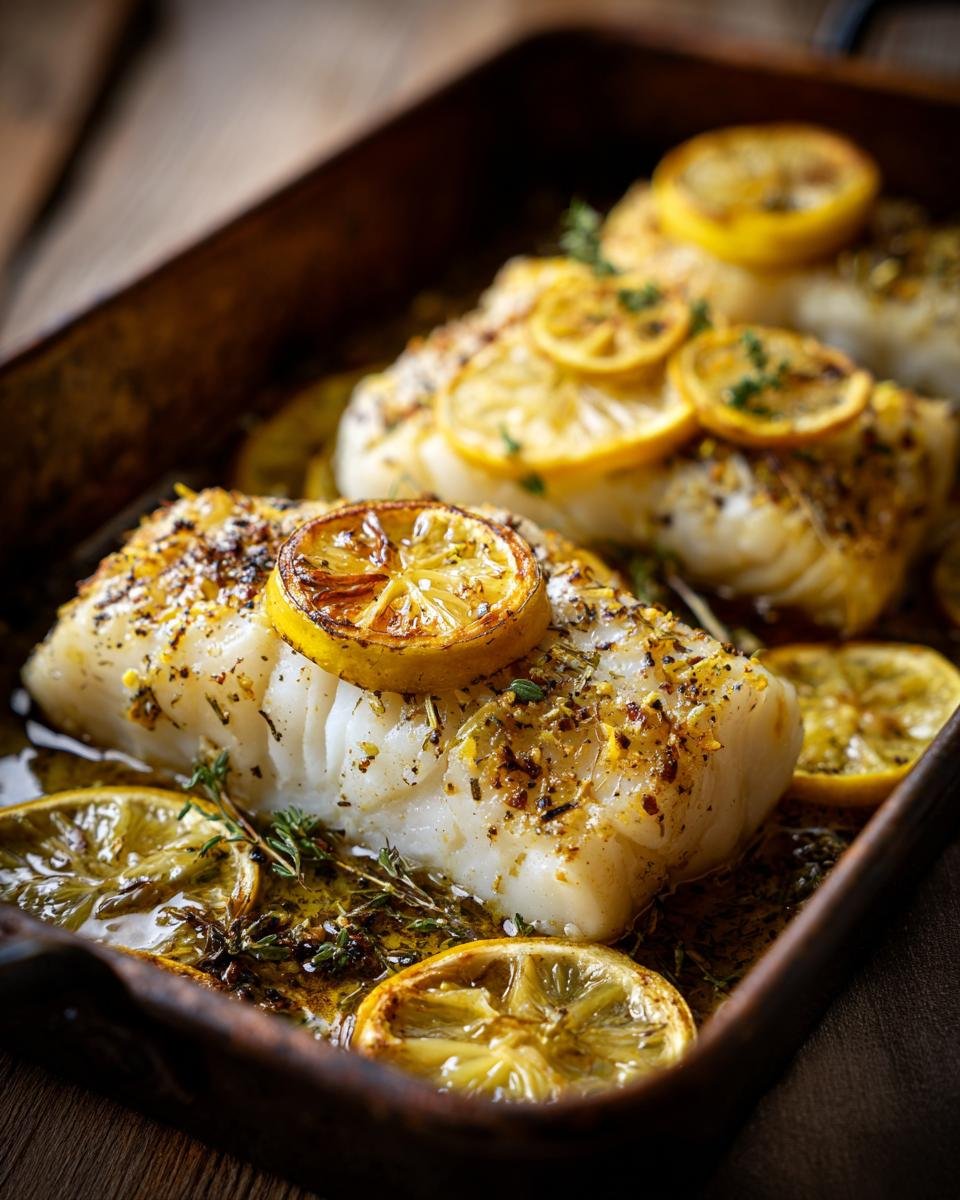 Close-up of Baked Cod with Lemon slices, herbs, and seasonings in a baking dish.