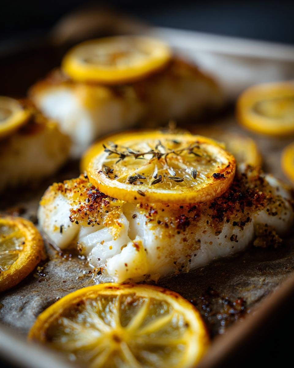 Close-up of Baked Cod with Lemon slices and herbs on a baking sheet, ready to serve.