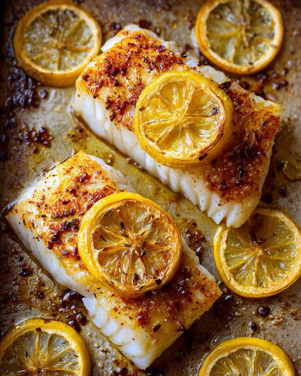 Two pieces of Baked Cod with Lemon slices, seasoned and baked to perfection.