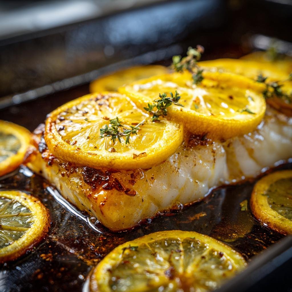 Close-up of Baked Cod with Lemon slices and thyme on a baking sheet, ready to serve.
