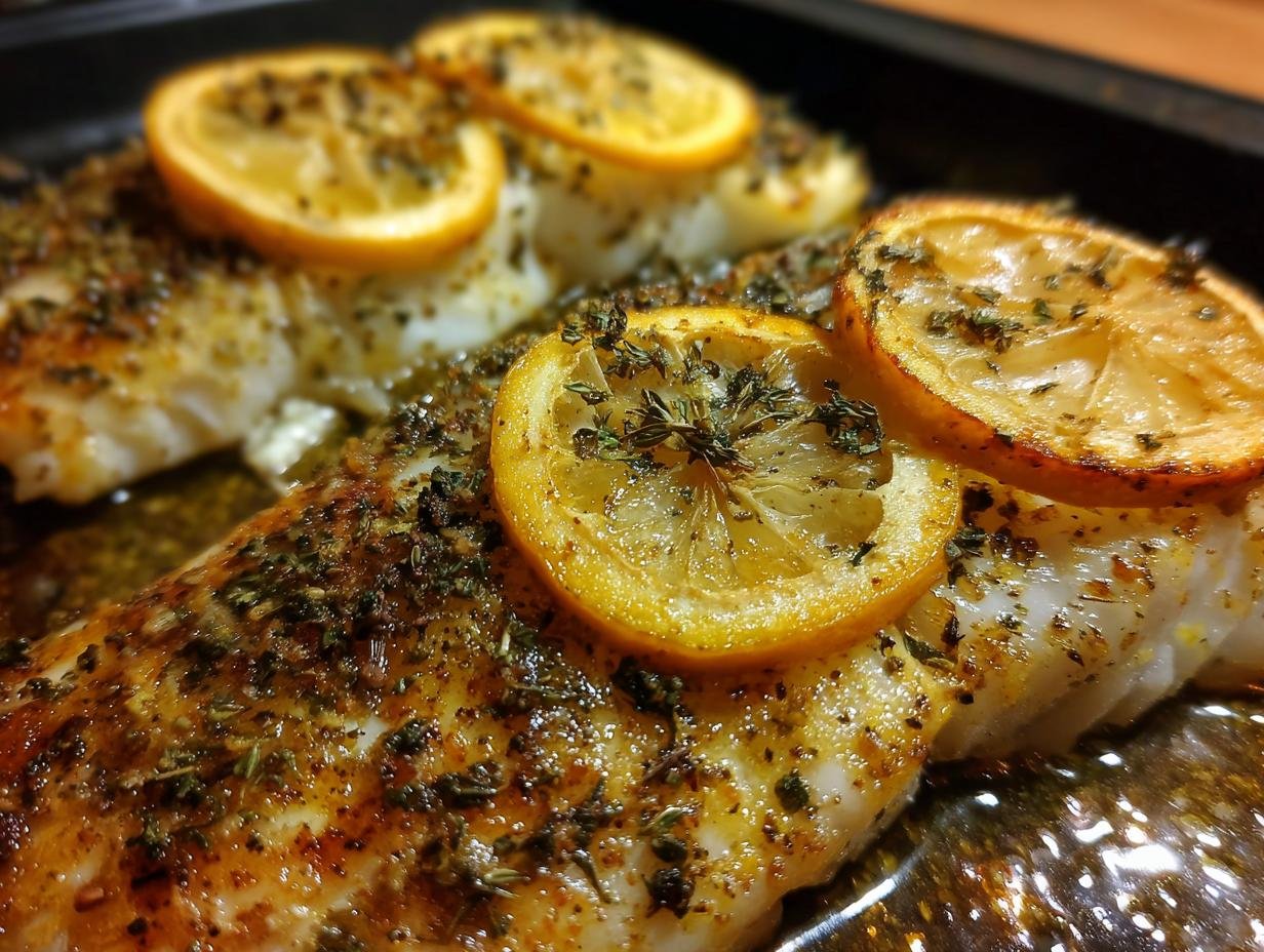 Close-up of Baked Cod with Lemon slices and herbs on a baking sheet.