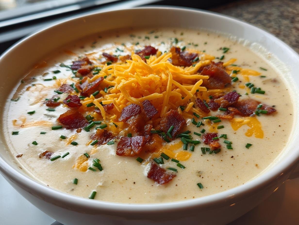A bowl of creamy Baked Potato Soup topped with cheddar cheese, bacon bits, and fresh chives.