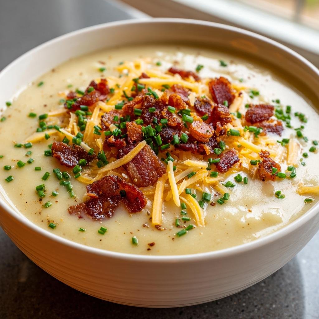 A bowl of creamy baked potato soup topped with bacon, shredded cheese, and chives.