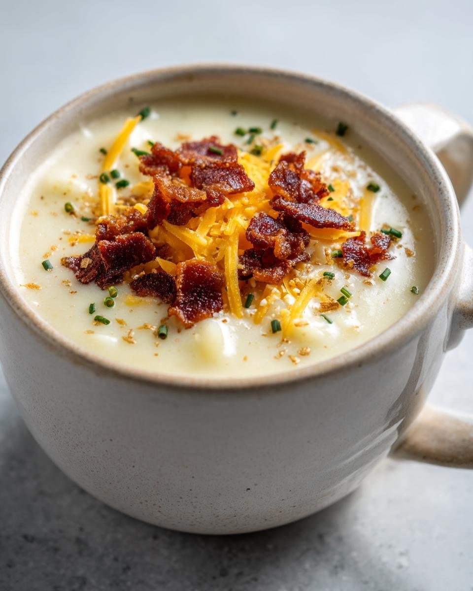 A mug of creamy Baked Potato Soup topped with crispy bacon, shredded cheddar cheese, and chives.