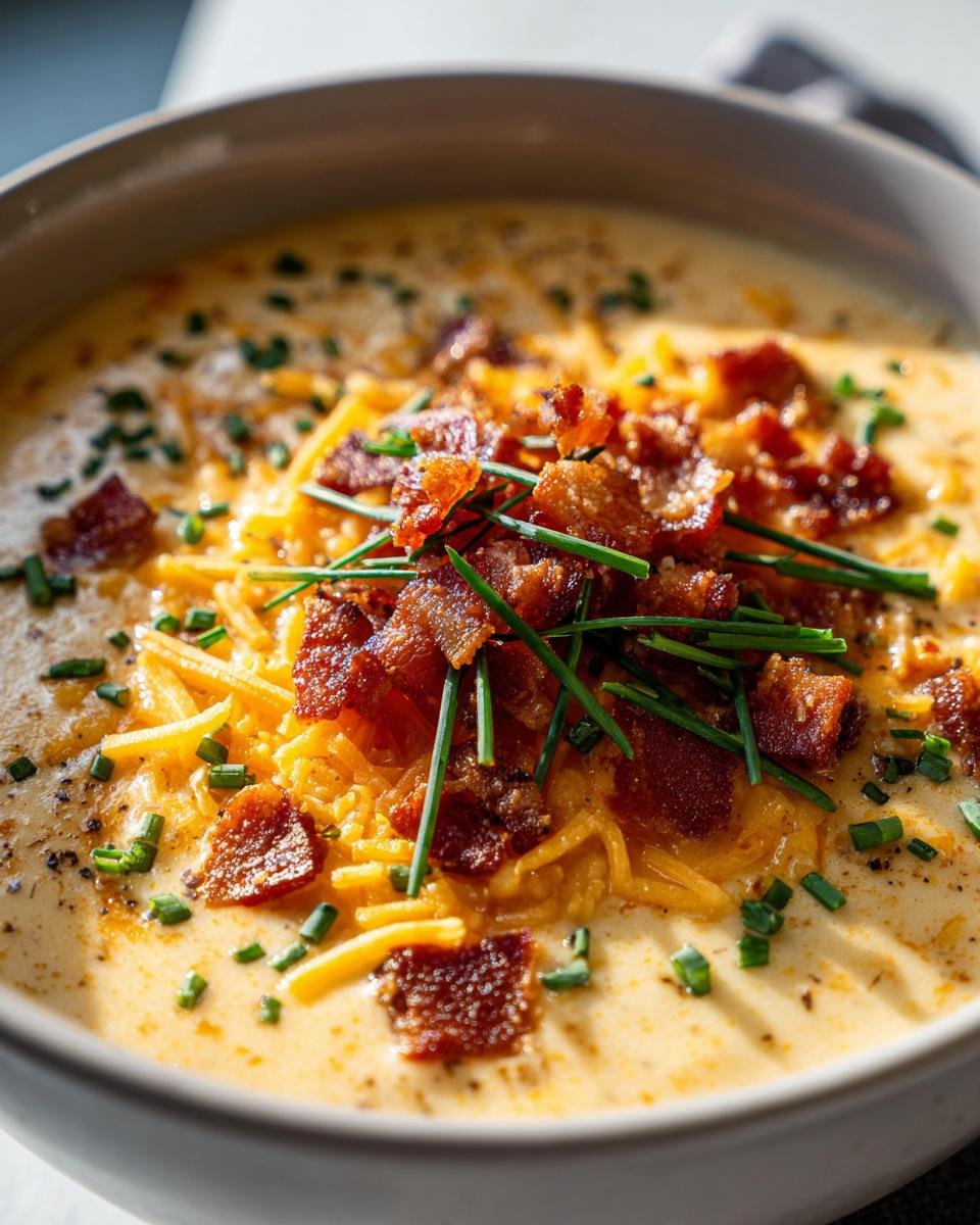 Close-up of creamy Baked Potato Soup topped with crispy bacon, shredded cheese, and fresh chives.